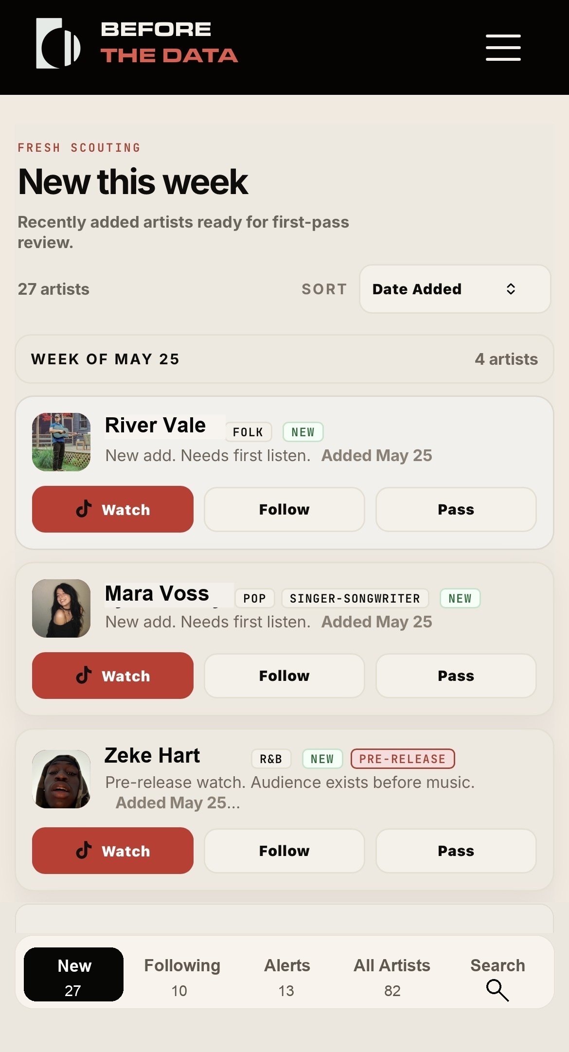 Before The Data mobile dashboard showing new artists added this week